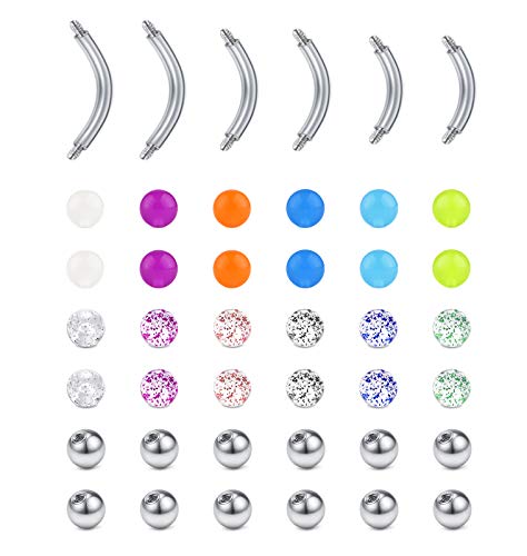 MODRSA 16G Púas y Bolas de Repuesto para Piercing Ceja Ombligo Piercing Rook Daith 6-10MM Piercing Plátano Brillo Luminoso Acero Inoxidable 3MM Bolas Cover