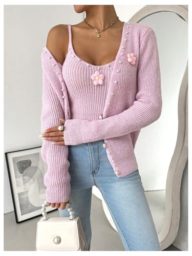 MakeMeChic Women's 3D Floral Pearls Cute Cardigan Sweaters Open Front Long Sleeve Knit Outwear4