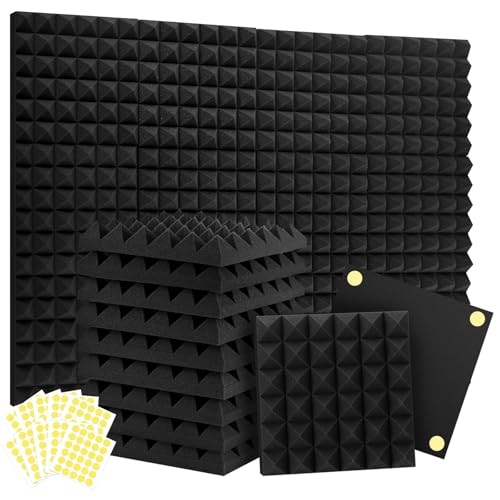 Focusound Acoustic Panels 24 Pack 2'x12'x12' with 120 PCS Double-Side Adhesive - Sound Proof Pyramid...