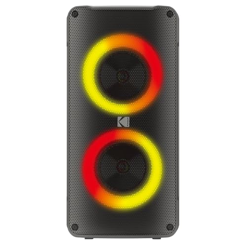 KODAK Tragbarer Party-Lautsprecher PRPS-1775 – Dual Woofer 4 Zoll, Bluetooth, TWS, USB/TF, AUX-Eingang & Karaoke-Mikrofon, Lichteffekte, Disco Lichteffekte, Akku 3000 mAh, kabelloses Mikrofon