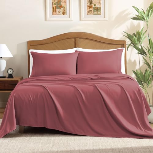 ClevaHome Sheet Set Queen Size 4-Piece Bedding Lightweight & Super Soft Easy Care Microfiber Shrinkage & Fade Resistant Bedding Set with 14 Deep Pockets (Dusty Rose)
