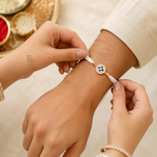 Image of EITHEO Designer Evil Eye Bhaiya Bhabhi Rakhi Set with Blue Evil Eye Charm, Lumba Rakhi, Adjustable Handmade Bracelet with Roli Chawal, Chandan & Mishri (Couple Set of 1)