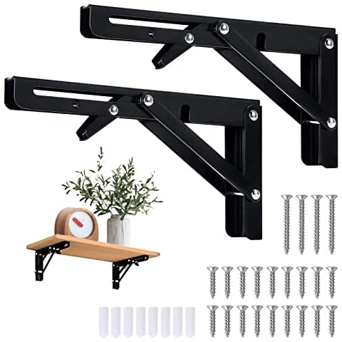 Ohiyoo Folding Shelf Brackets, 2 Pcs Heavy Duty Shelf Brackets Stainless Steel Wall Mounted Collapsible Black Shelf-Bracket for Table Work Bench with Matching Screw and Anchors, 8 Inch Cover
