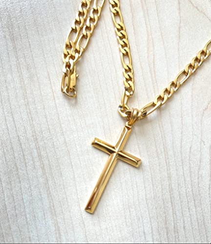18K Gold Figaro Chain Style Cross Pendant Necklace 5MM Cross Necklace Clasp for MEN, HUSBAND Thin for Charms Miami Cuban Link Diamond Cut Religious Beveled Edge2