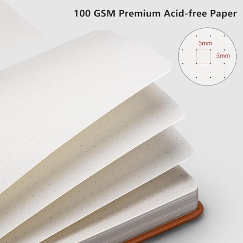 Image of RETTACY Dotted Journal Notebook, 192 Pages, A5 Medium Size (5.7'' x 8.3'') | Leather Hardcover, 100 GSM Thick Paper, for Journaling, Planning, Tracking (Brown)