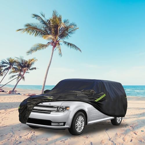 Image of KouKou Waterproof SUV Car Cover Suitable for Ford Flex from 2008 to 2019, 7 Layers Windproof All Weather Waterproof Outdoor Cover Sun Rain UV Dust Snow Protection. Black