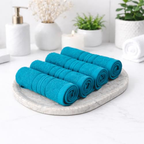 Image of Cotton Face Towel Pack of 4, 100% Cotton Towels, Soft Absorbent Small Gym Towel for Face, 400 GSM Quick Dry Bathroom & Travel Towels Men & Women, 30 x 30 cm, Teal