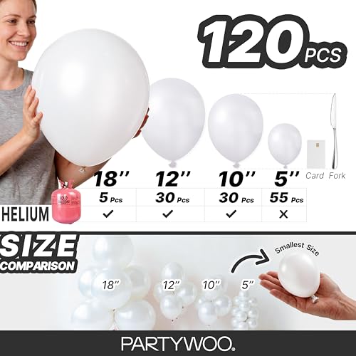 Image of PartyWoo Pearl White Balloons 120pcs Metallic White Color Different Sizes