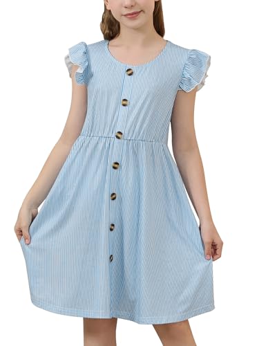 GORLYA Girls Flutter Sleeve A-Line Button Down Summer Striped Casual Midi Dress for 6-14Y Kids
