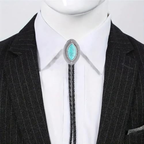 Image of Turquoise Bolo Tie for Men, Leather Braided Necktie Western Cowboy Bola Tie Costume Accessories for Men Women