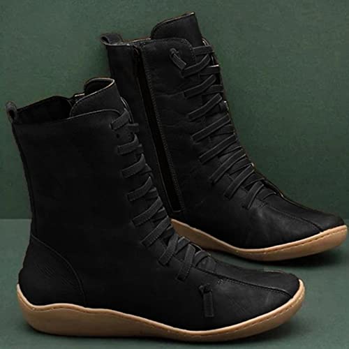 Hbeylia High Top Fashion Sneakers Boots For Women Vintage Fashion Casual Leather Lace Up Wedge Low Heels Mid Calf Combat Boots Retro Non Slip Wide Round Toe Winter Fall Riding Dress Short Boots3