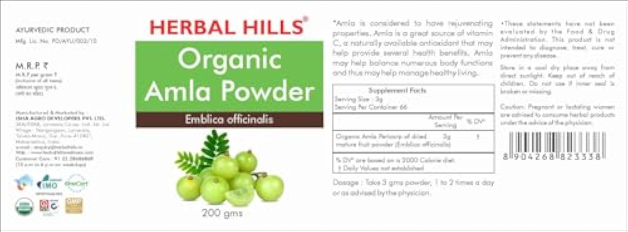 Herbal Hills Organic Amla Powder, 200 g