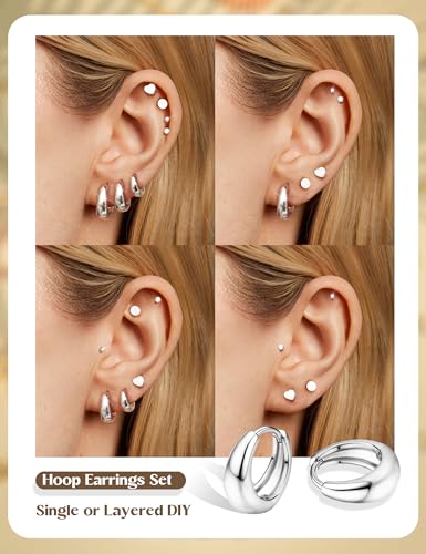 FIASASO Chunky 14K Gold Plated Hoops Earrings for Women Hypoallergenic - 7 Pairs Surgical Stainless Steel Flat Back Stud Hoop Earring Stack Small Cartilage Earrings Sets for Multiple Piercing2