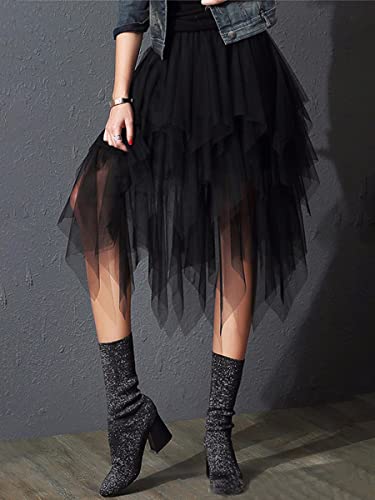 Women's Irregular Tulle Skirts Solid Color Layered Tutu Skirt High Waist Pleated A-line Skirt Elastic Summer Midi Skirt4