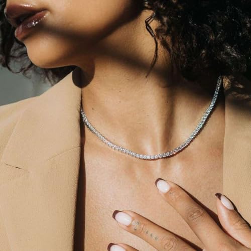 18K White Gold Plated 3mm Round CZ Classic Tennis Necklace for Women Men Diamond Chain Sizes 16-20 Inches 4 Prong4