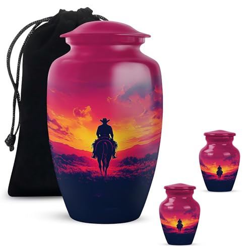Image of Cowboy Urn - Large & Small Urns for Human Ashes Adult Male - Urn for Ashes for Women - Burial Urns (Combo - 10 inch & 3 inch, 3 Pcs)