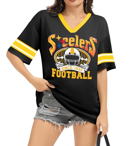 Football Shirt for Women Game Day Shirt Football Fans Mesh Tshirt Jersey V Neck Casual Short Sleeve Tops