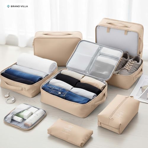 Image of BRAND VILLA 7 Pcs Travel Organizer Set Packing Cubes Luggage Organizer Bags with Shoe Bag, Laundry Pouch & Toiletry Bag for Clothes, Shoes, Accessories, Lightweight Travel Storage for Suitcase (Beige)