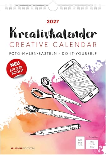 Kreativkalender A4 weiß 2027: Bastelkalender 21x29,7 cm mit weißem Hintergrund, Stickerbogen, echtem Bastelkarton und gestaltbarem Titelblatt