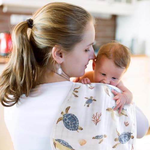 Image of LifeTree Muslin Baby Burp Cloths - 2 Pack 70% Viscose from Bamboo and 30% Cotton Large 22'' by 10.6'' Absorbent Milk Spit Up Rags - Burping Cloths for Newborn, Girls Boys, Sea Turtle & Solid Blue