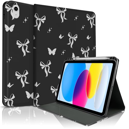 Étui iPad 11 2025 Lyforaz housse noire avec porte-crayon motif papillon et étoiles