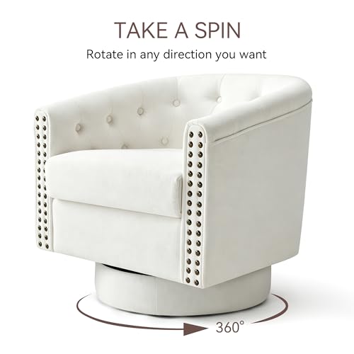 Image of Swivel Barrel Accent Chair, Round Chenille Fabric Living Room Arm Chairs, Modern Upholstered Comfty Reading Nook Chairs for Bedroom, Small Club Armchair, Single Sofa Side Chair, White