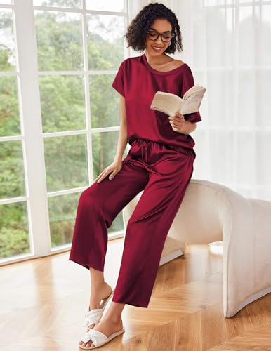 Image of Ekouaer Womens Satin Silky Pajama Set Short Sleeve Shirt with Long Pajama Pant Set Soft PJ Loungewear