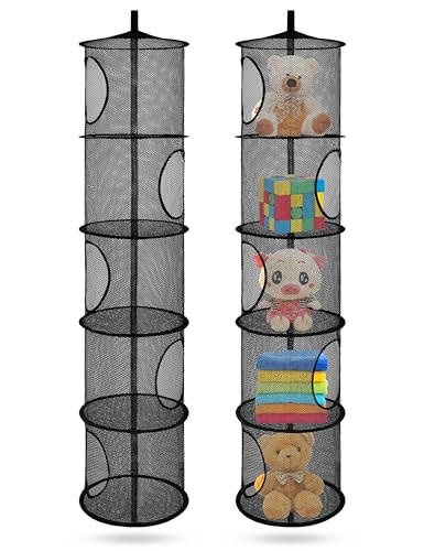 Image of Libeder Mesh Hanging Storage Space Saver Bags Organizer,Foldable Storage Organizer 5 Compartments Toy Storage Basket for Kids Room Bathroom 2 Sets, Black