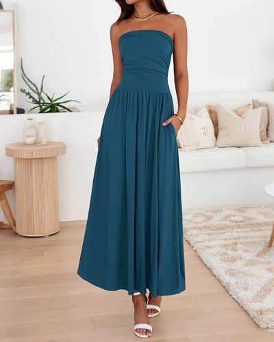 BTFBM Summer Maxi Dresses for Women 2026 Strapless Ruched Tube Top Beach Vacation Spring Wedding Guest Dress Pockets(Dark Blue, X-Large) — view 4