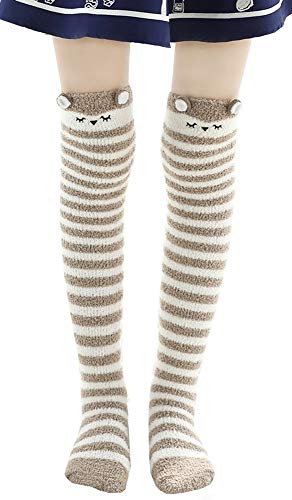 Image of Hotmiss Womens Thigh High Fuzzy Socks Cute Over the Knee Stockings Winter Warm Stripe Leg Warmers