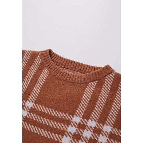 CHICWISH 2023 Fall Winter Women's Caramel Classic Plaid Round Neck Oversized Sweaters Long Sleeve Casual Knit Pullover Tops4