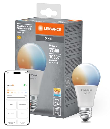 LEDVANCE Lampada LED SMART+ WIFI, smerigliata, 9,5W, 1055lm, forma classica a goccia con attacco E27, luce bianca regolabile, dimmerabile, app o controllo vocale, durata fino a 20.000 ore