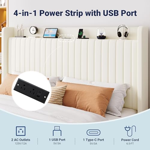 Image of Allewie King Size Lift Up Storage Bed Frame,Storage Shelf Headboard with Charging Station,Type-C and USB Ports,Hydraulic Support,Velvet Upholstered Bed Frame,No Box Spring Needed,Cream