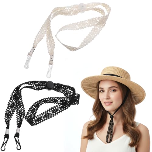 2 PCS Hat Straps for Wind Adjustable Lace Hats Chin Strap for Women Sun Hat Chin Cord Replacement Rope Hats for Beach Outdoor Activities Golfing Fishing Boatin Black Beige