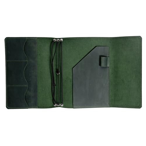 OMBUO Full-Grain Leather A5 Journal Cover – Refillable Traveler’s Notebook Case with 3 Elastic Bands, Pen Loop & Card Pockets – Fits A5/Half-Letter Inserts (Paper Not Included), Green