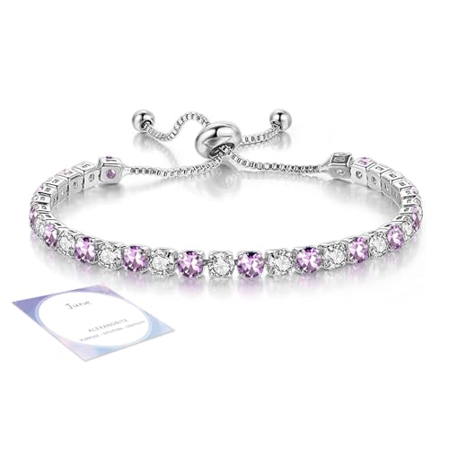 Sfoni Birthstone Bracelet for Women Silver Tennis Bracelets with Cubic Zirconia Adjustable Slider Rhinestone Bracelet Birthday Anniversary Friendship Jewelry Gifts for Mom Wife Girlfriend June