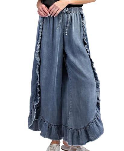 Women Summer Ruffle Denim Pants High Waist Wide Leg Casual Patchwork Loose Baggy Long Jeans Trousers