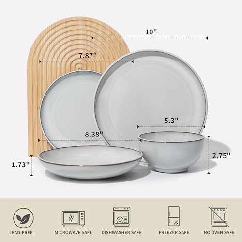 Image of Pokini 16 Piece Double Bowl Dinnerware Sets with Pasta Bowls, Highly Chip and Crack Resistant Plates and Bowls Sets, Natural Earthyware Ceramic Dishware Sets, Service for 4 Moonstone White