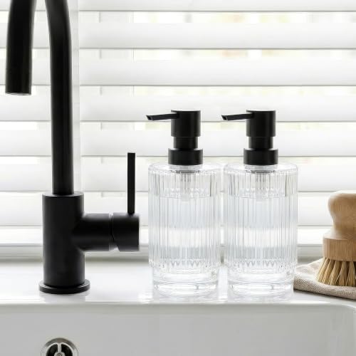 Image of VIMERPA Glass Soap Dispenser with Pump, 2 Pack 10 fl oz Clear Hand Soap Dispensers for Bathroom, Ribbed Style Dish Soap Dispenser for Kitchen, Modern Refillable Liquid Soap Pump Bottle