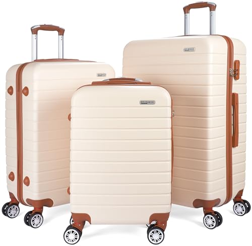BRUBAKER Kofferset Paris - 3 teiliges Hartschalen Koffer Set mit Handgepäck - Reisekoffer Trolleys mit Zahlenschloss, 4 Rollen und Komfort Tragegriffen (M, L, XL - Creme Weiß und Hellbraun)