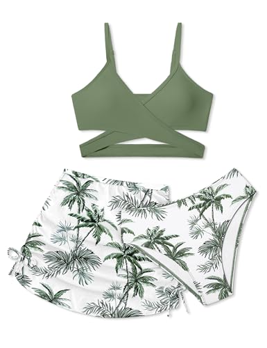 Image of Girls Swimsuits 3 Piece Bathing Suit Allover Printed Criss Cross Bikini Set with Cover Up Skirt Beach Swimwear 7-16 Years