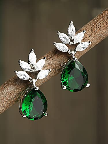 Image of Karatcart Silver Tone Green American Diamond Drop Earrings for Women