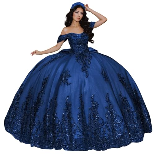 KPDFIF Sparkly Beaded Quinceanera Dresses Navy Blue Off Shoulder Bow Gown with Train Lace Applique Sweet 16 Dresses Size 06