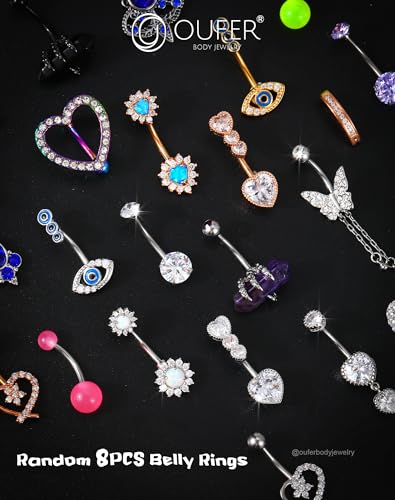 OUFER Belly Button Rings, 316L Stainless Steel Belly Rings, 14G Belly Button Piercing, Random 8PCS Belly Piercing Jewelry, Navel Rings for Women Sexy Girl3