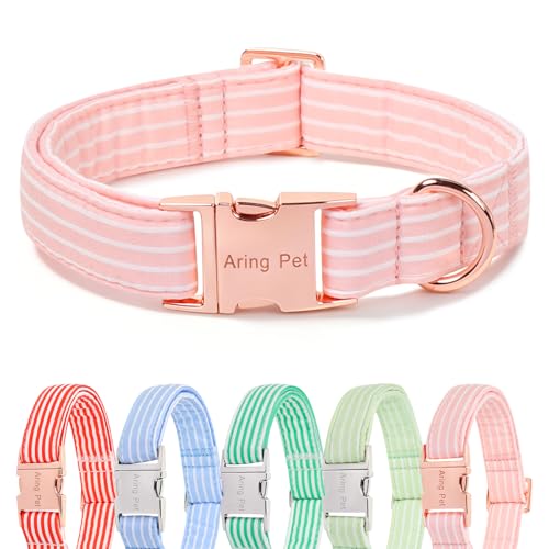 Image of ARING PET Girl Dog Collar for Puppy Small Medium Large Dogs-Pink Stripe L | Cute Female Heavy Duty Pet Collars with Metal Buckle for XS S M L XL Dogs, for City Walk Coffee Shop Visit Party Stroll