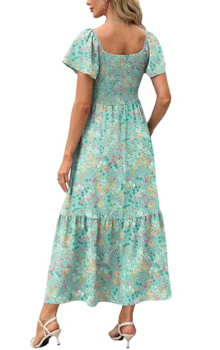 Image of OFEEFAN Summer Dresses for Women Square Neck Ruffle Sleeve Smocked Maxi Dress with Pockets