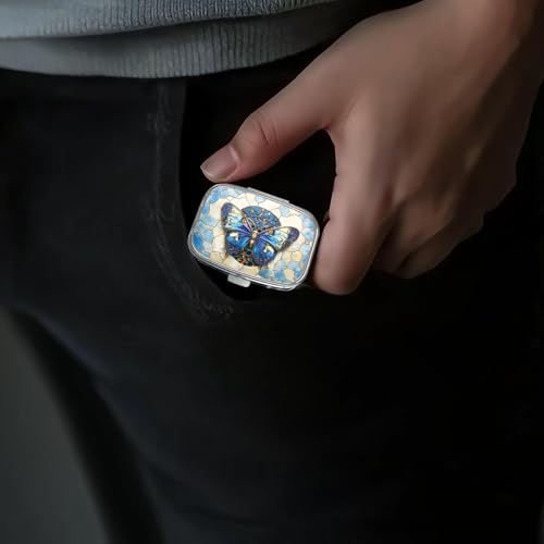 Image of Pill Box-2 Compartment Small Pill Case Portable for Pocket & Purse Single Pill Carrier Pill Container to Hold Vitamins Medication Fish Oil and Supplements BPA-Free(Blue Butterfly)