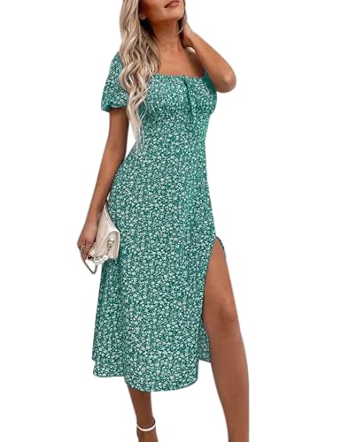 Image of SPRIME Women's Floral Summer Casual Dress Square Neck Puff Sleeve Boho Midi Dresses Ruched Bust High Waist Split Long Dress