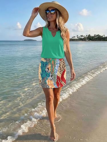 Image of SAUKOLE Womens Sleeveless T Shirt Dresses Casual Cute Floral Print Short Dress Summer Fashion Front Pockets