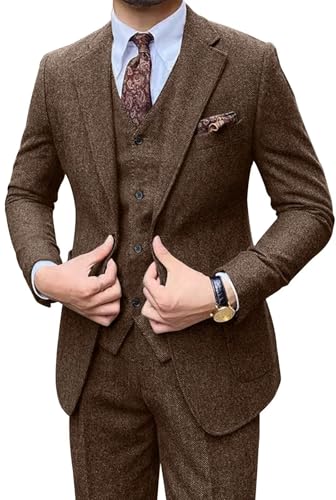 Retro Men Suit 3 Piece Tweed Herringbone Men's Suits Wool Jacket Tuxedos Wedding Grooms Blazer Vest Pants Set Prom